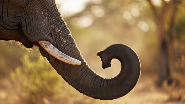 A majestic African elephant explores the dry savanna landscape with its powerful curled trunk showcasing significant wildlife characteristics under the golden rays of the early morning sun