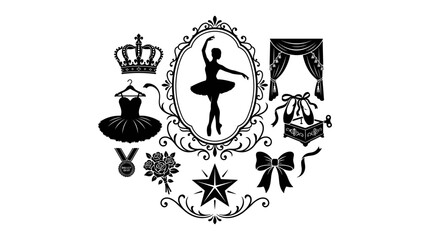 Ballerina Illustration with Ballet-Related Symbols in an Elegant Frame Featuring Dance, Performance, Silhouette with Crown © Firoz