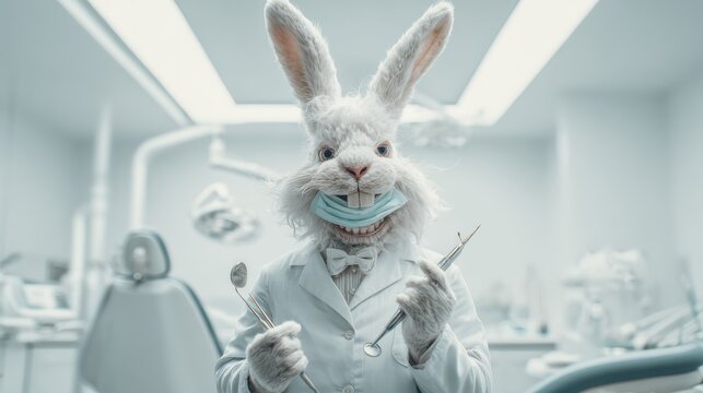 Gentle rabbit dentist stands in a clean clinic holding dental equipment with a mask pulled down during the day