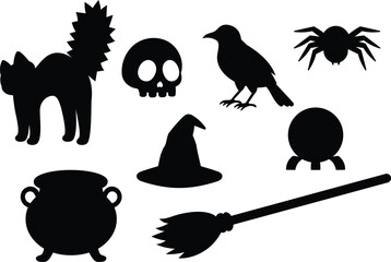 Obraz premium Group of witch craft, hissing cat with puffed-tail, raven, witch hat, witch broom, crystal ball, spider silhouette for halloween decoration vector