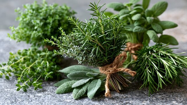 Fresh herb bundles including rosemary  sage  thyme  and oregano tied with twine on a gray stone surface