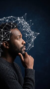 Ideas escape from brain of pensive african man