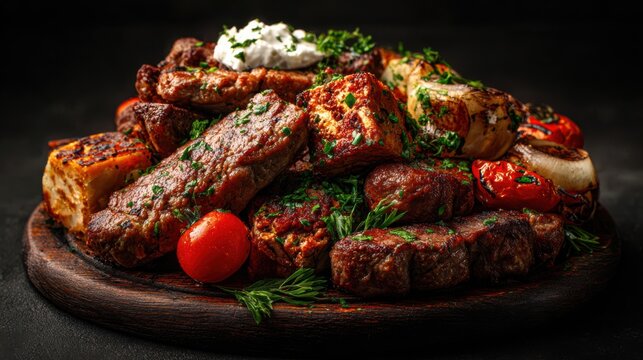 Savory selection of Bulgarian grilled meat featuring kebapche and kyufreta served on a wooden board