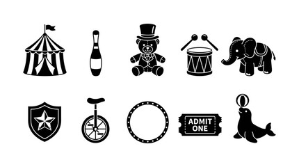 Circus Icons Including Tent, Champagne Bottle, Clown, Drum, Elephant, Shield, Unicycle, Ring, Ticket, and Seal © Firoz