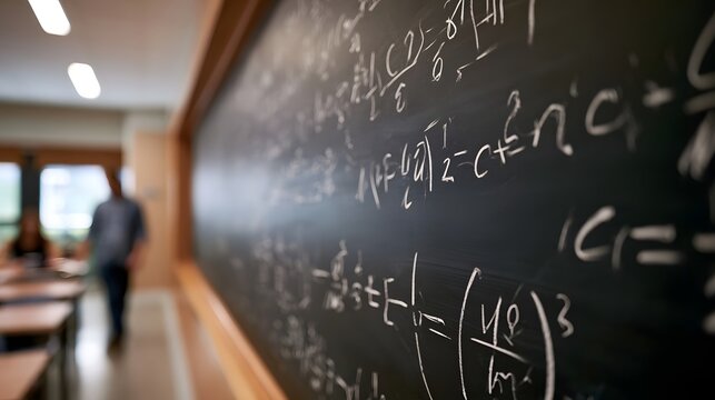 A chalkboard covered in handwritten mathematical equations and symbols in a classroom with blurred figures walking by