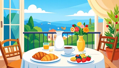Obraz premium Tropical breakfast scene with fruit and coconut drinks.