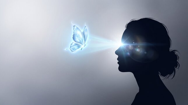 Surreal glowing butterfly projection from woman's eye, ethereal light beam and female silhouette, conceptual vision and imagination art