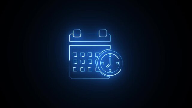 Glowing neon line calendar and clock icon animation on black background seamless loop, schedule appointment reminder deadline concept