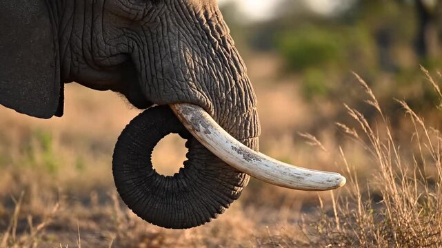 A mature African elephant grazes on dry savanna grasses while its flexible muscular trunk curls gracefully around a prominent ivory tusk during the golden hour of the warm sub Saharan afternoon