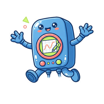 Cute cartoon robot character with a graph display running isolated on black