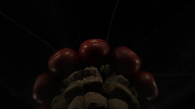 A classic fire cap descends from above, gradually filling the mirrored perspective around a red apple in 1000fps slow motion. A balanced and symmetrical display of elemental combustion. Concept: fire