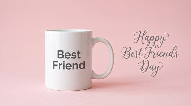 Minimalist white coffee mug with Best Friend text, Happy Best Friends Day greeting on pink background, ceramic cup for friendship celebration