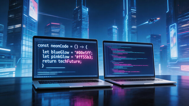 Laptops with coding on screens in futuristic city