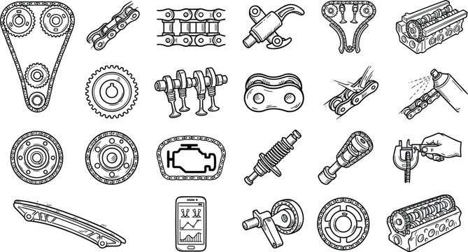 Car Engine Timing Chain and Drive Train Components Hand Drawn Doodle Icon Set Featuring Camshaft Gears, Tensioner Arms, Crankshafts, and Check Engine Light Symbols