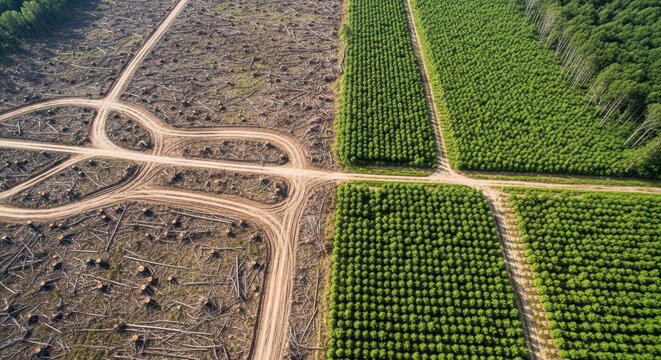 Aerial view contrasting deforested land with lush green agriculture fields