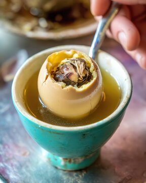 Balut Delicacy Served in a Small Bowl Captures the Authentic Essence of Philippines Street Food Dining Culture During a Bright Afternoon Snack Time