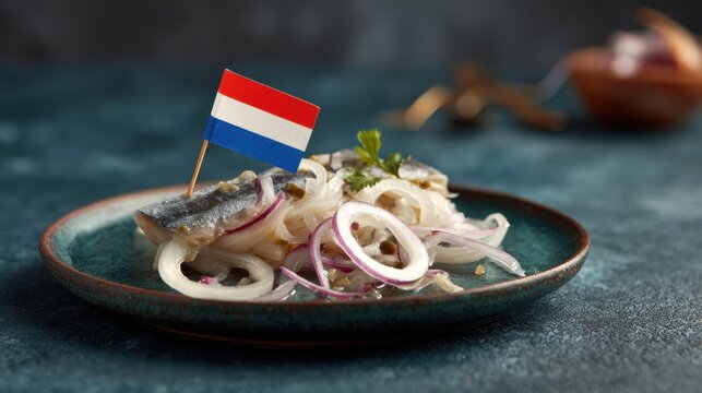 Traditional Dutch Raw Herring Fillet Served With Fresh White Onions and Pickles on a Dark Teal Ceramic Plate for a Culinary Delight
