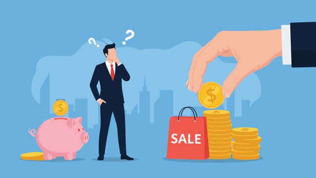 Confused professional businessman looking at small piggy bank while giant hand takes coins from sale shopping bag.