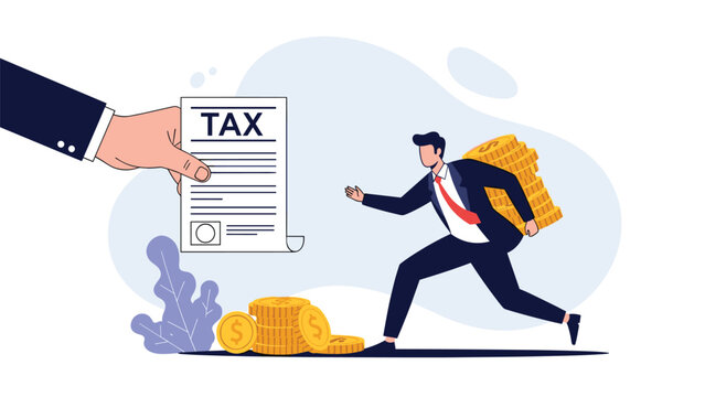 Giant hand holding tax bill chasing businessman who is running away fast with large pile of gold coins on his back.