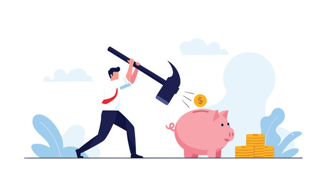 Professional businessman raises a large sledgehammer to hit a pink piggy bank to represent the need to access personal savings during a financial crisis.