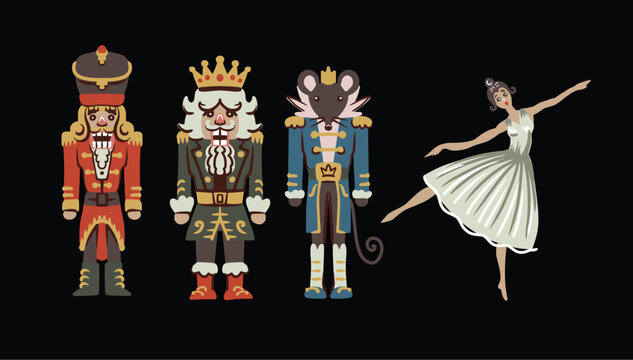 Christmas Nutcracker Isolated Characters Set with Ballet Dancer Mouse King Soldier Holiday Clipart