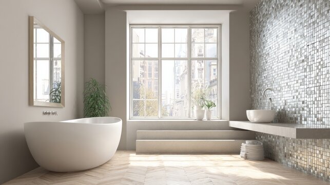Contemporary bathroom interior features a freestanding soaking tub and vessel sink below a large window