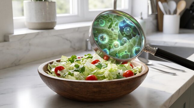 Cyclosporiasis Parasite Contamination in Fresh Salad Under Magnifying Glass