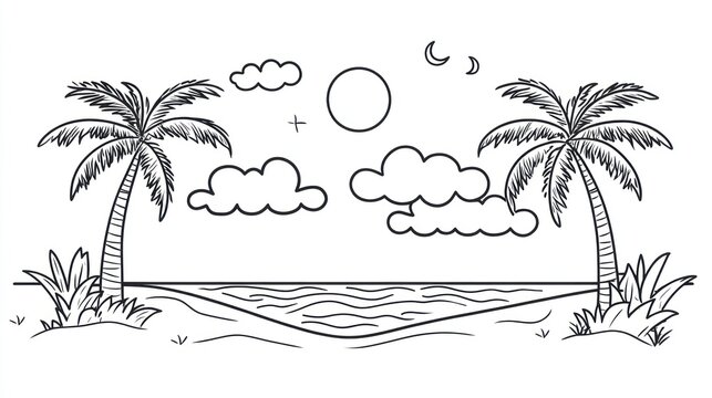 Simple black and white tropical island sketch