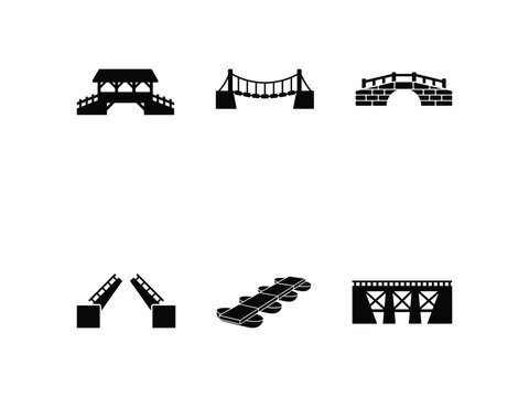 Black and white bridge icon set with covered bridge suspension bridge arch bridge and drawbridge
