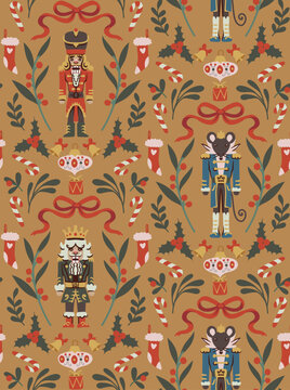 Christmas Nutcracker Seamless Pattern with Ballet Dancers Mouse King Drums Candy Canes Holiday