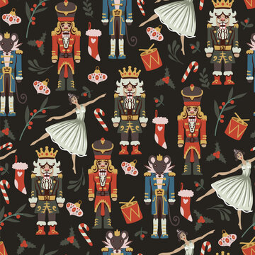 Christmas Nutcracker Seamless Pattern with Ballet Dancers Mouse King Drums Candy Canes Holiday