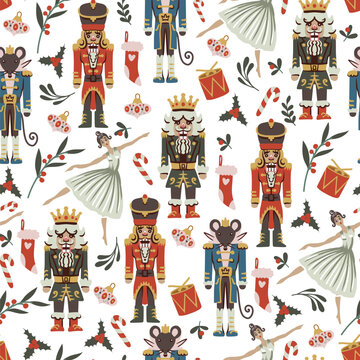 Christmas Nutcracker Seamless Pattern with Ballet Dancers Mouse King Drums Candy Canes Holiday