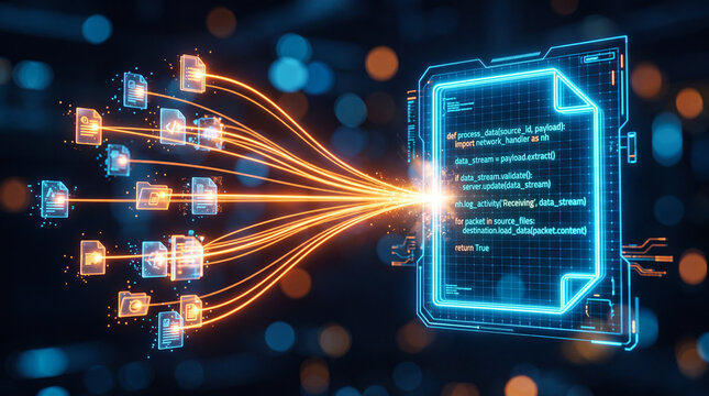 Futuristic cloud computing concept with data synchronization, file transfer, and glowing digital network streams.