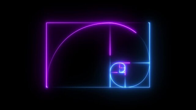 glowing neon Golden Ratio Fibonacci sequence golden number icon on black background. motion graphic of neon Fibonacci spiral golden ratio concept on a transparent background.