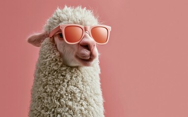 Naklejka premium Whimsical llama sporting stylish pink shades in a professional studio setting with a cheerful and playful expression