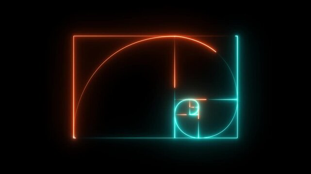 glowing neon Golden Ratio Fibonacci sequence golden number icon on black background. motion graphic of neon Fibonacci spiral golden ratio concept on a transparent background.