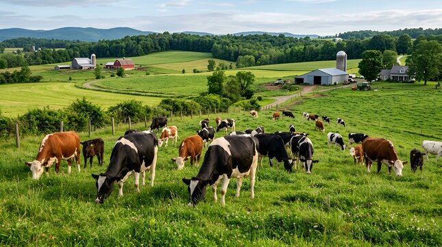 Pastoral farm with herd of cows grazing on green rolling hills, barns, and silos