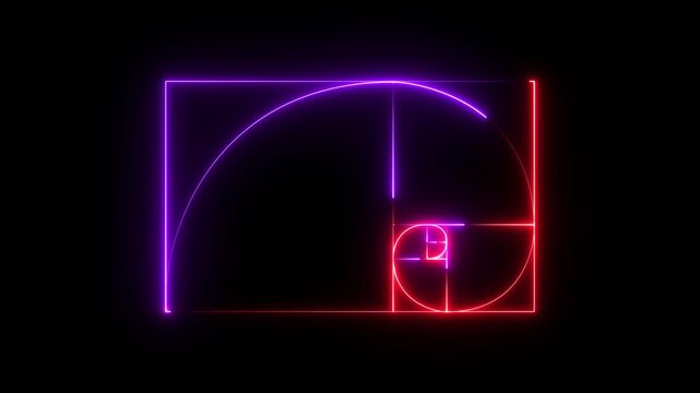 glowing neon Golden Ratio Fibonacci sequence golden number icon on black background. motion graphic of neon Fibonacci spiral golden ratio concept on a transparent background.