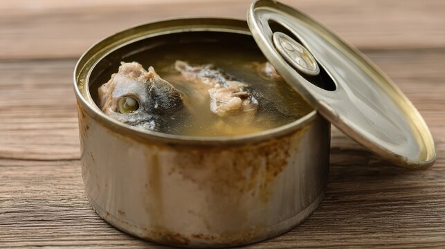 Fermented Baltic herring rests inside an open rusty tin container filled with pungent cloudy brine on a wooden table