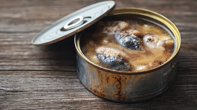 Potent fermented Baltic herring pieces swim in cloudy brine within a rusty metal tin resting on an old wooden tabletop