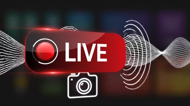 Digital live stream broadcast button with camera icon and abstract sound wave background.