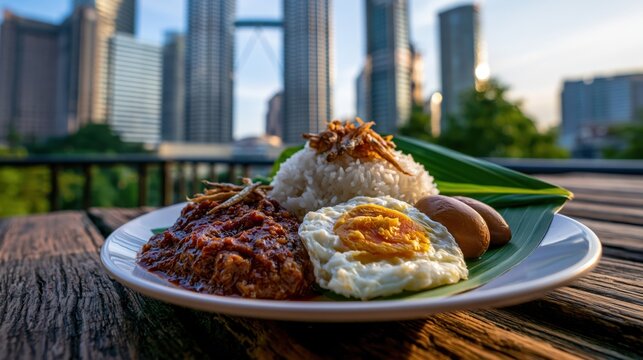 Traditional coconut rice dish featuring spicy sambal and crispy anchovies enjoyed against a stunning Malaysian cityscape