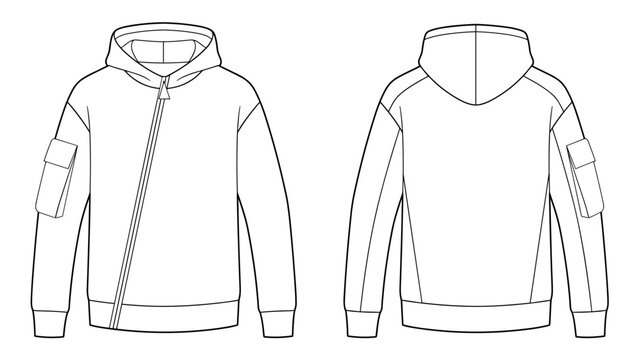 Asymmetric zip hoodie technical fashion illustration. hoodie vector template. front and back view. sleeve pockets. diagonal zipper. unisex. CAD mockup