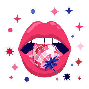 Disco strawberry in women lips vector illustration. Fashion beauty design for party poster, print, nightlife music event
