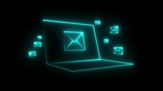 neon message icon animation with black background. message icon concept. Glowing email icon on a laptop screen. Message mail box. motion graphic of massage box concept.