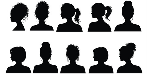 A grid of ten black silhouette profile portraits of women with diverse hairstyles, isolated on white © Ariful