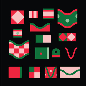 Christmas Border Pattern Elements Set with Geometric Stripes Waves Stars Checker Holiday Shapes
