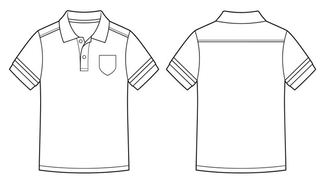 Short sleeve striped polo shirt with shield emblem technical drawing fashion flat sketch front and back views vector illustration template