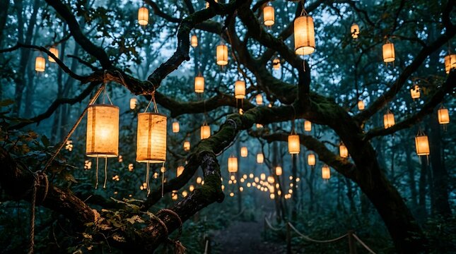Enchanted forest path illuminated by hanging paper lanterns at twilight