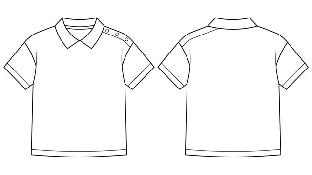 Short sleeve polo shirt with buttoned shoulder tabs technical drawing fashion flat sketch front and back views vector illustration template
